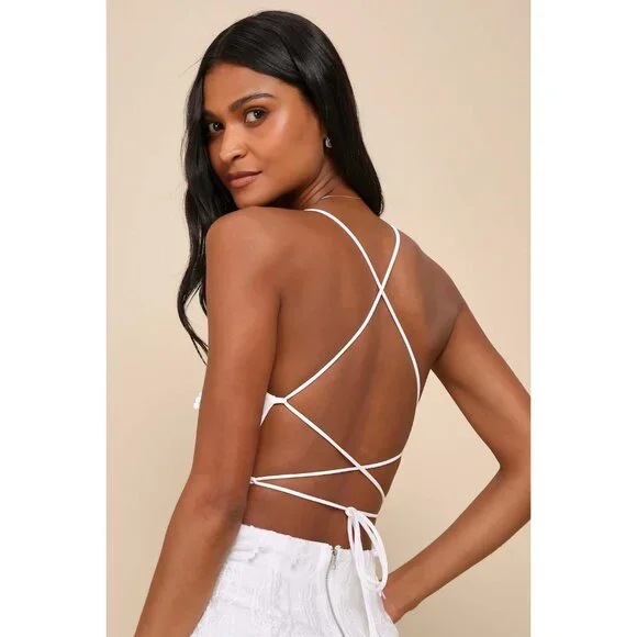 Lulus Making Magic White Fringe Lace-Up Mini Dress Size Medium - Picture 8 of 14